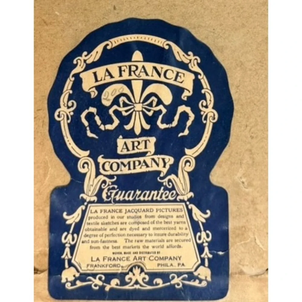 1920 Antique La France Art Company Jacquard Woven Tapestry Winter Village Scene